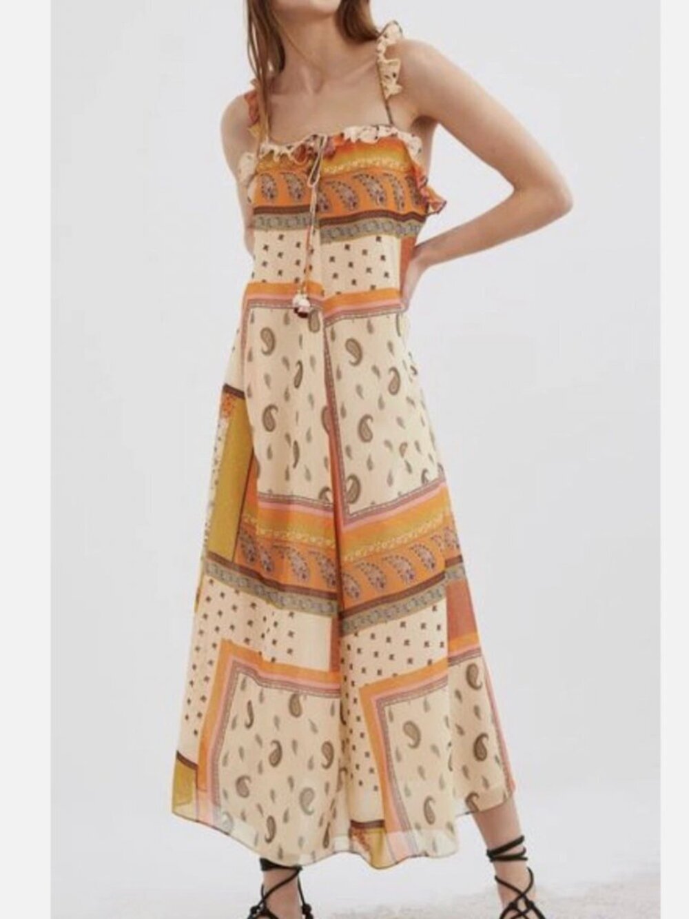 Zara Women's Paisley Patchwork Print Boho Ruffle Strappy Maxi Dress Sz XXS